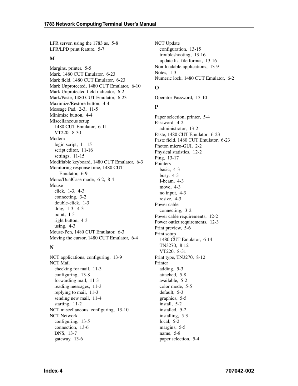 Miscellaneous setup, Modem, Mouse | Nct mail, Nct network, Nct update, Pointers, Power cable, Print setup, Printer | Visara 1783 User Manual | Page 170 / 172