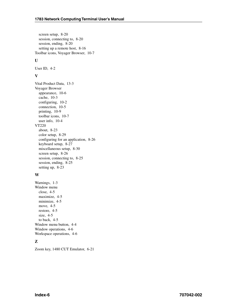 Voyager browser, Vt220, Window menu | Visara 1783 User Manual | Page 172 / 172