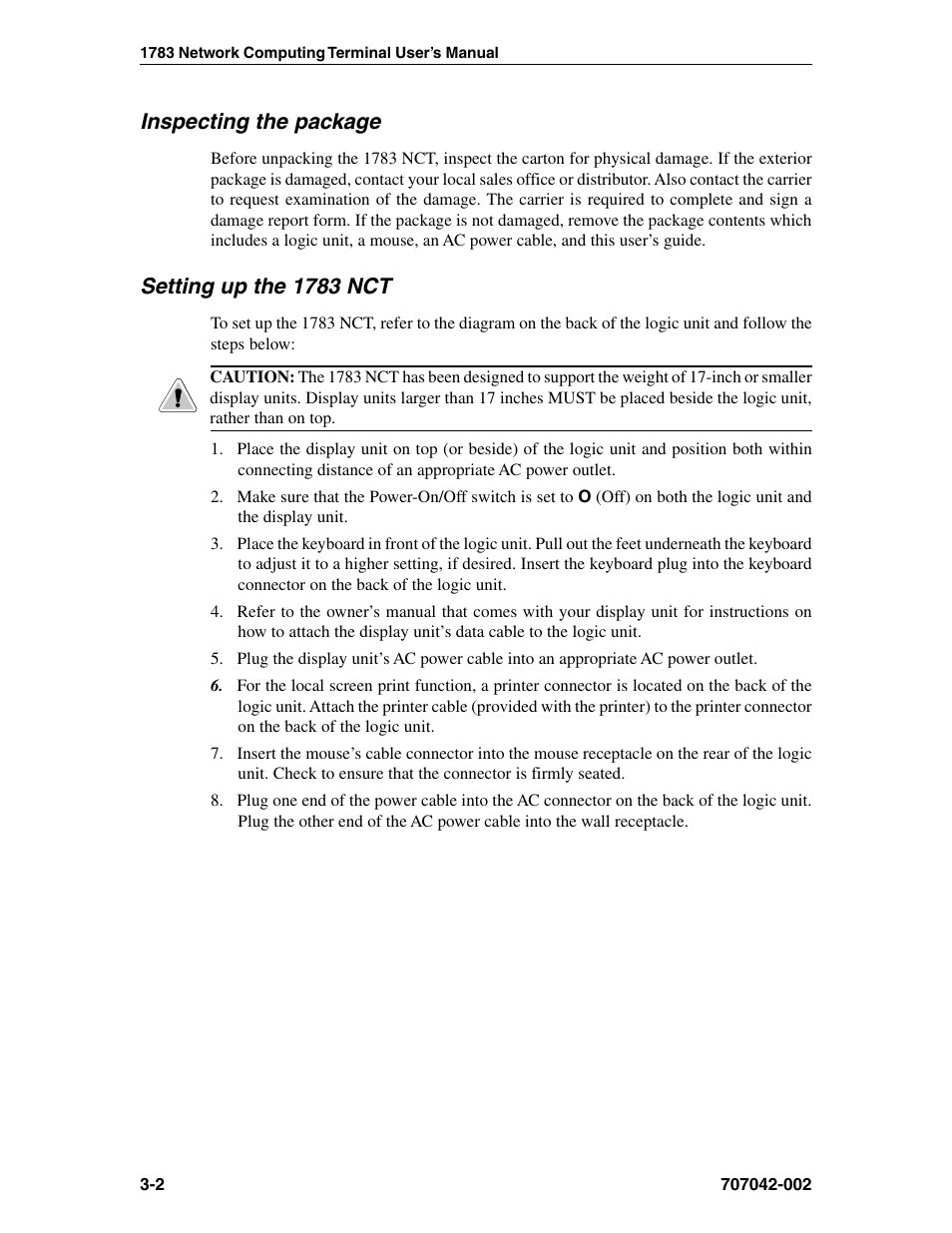 Inspecting the package, Setting up the 1783 nct, Monitor weight support | Setting up, Unpacking, Printer connector, Connecting | Visara 1783 User Manual | Page 20 / 172