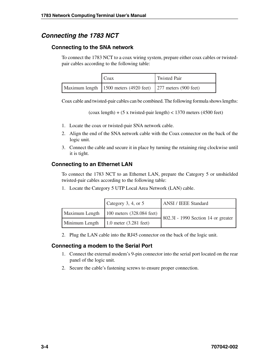 Connecting the 1783 nct, Connecting to the sna network, Connecting to an ethernet lan | Connecting a modem to the serial port, Connecting to the 5250 network -5 | Visara 1783 User Manual | Page 22 / 172