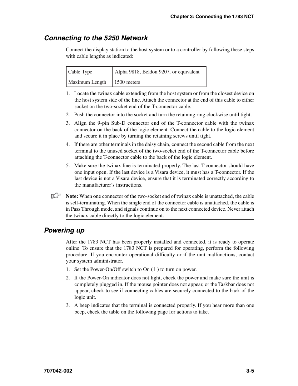 Connecting to the 5250 network, Powering up, Powering up -5 | Visara 1783 User Manual | Page 23 / 172