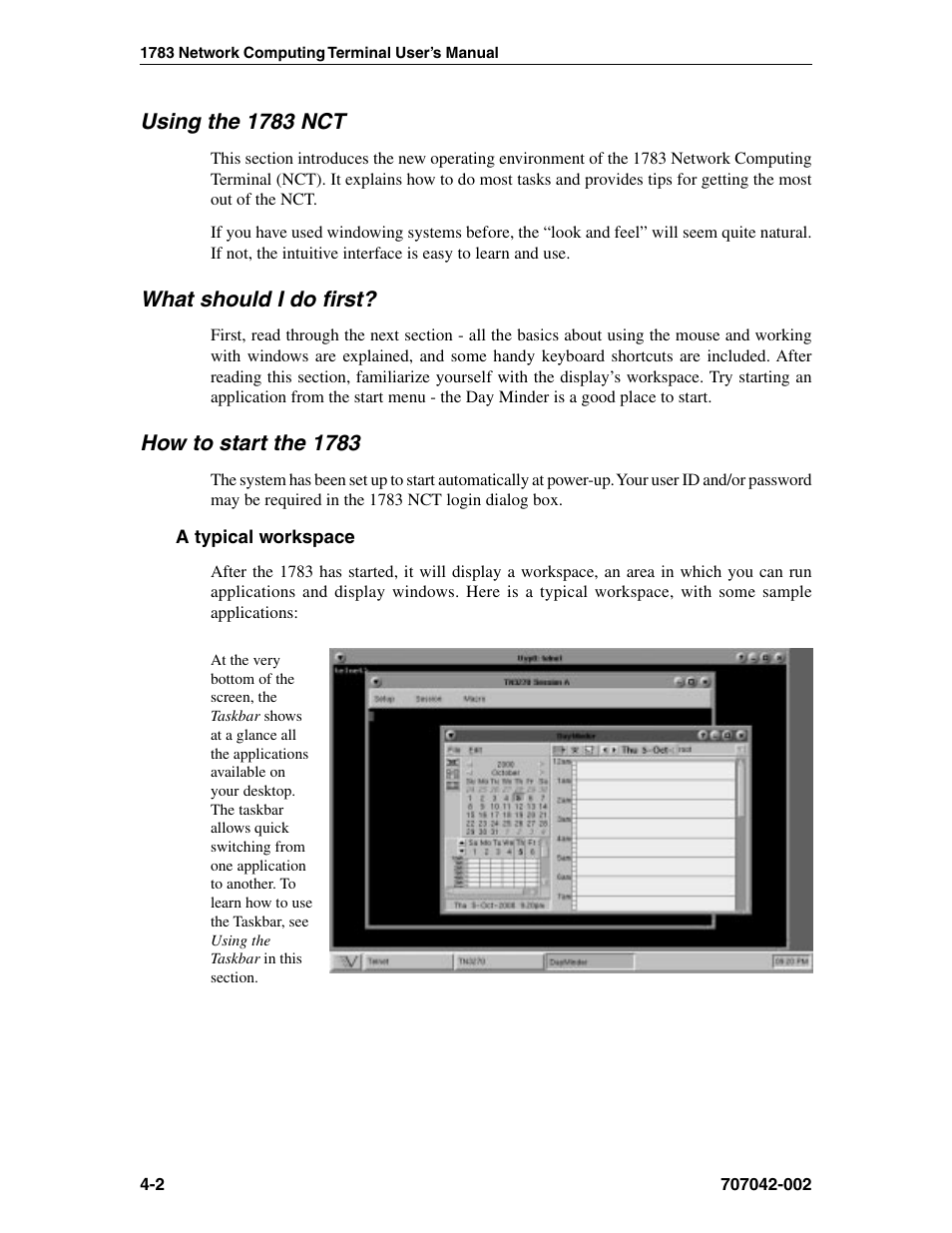 Using the 1783 nct, What should i do first, How to start the 1783 | A typical workspace, Starting, Using, Password, Functions, User id, A typical workspace -2 | Visara 1783 User Manual | Page 26 / 172