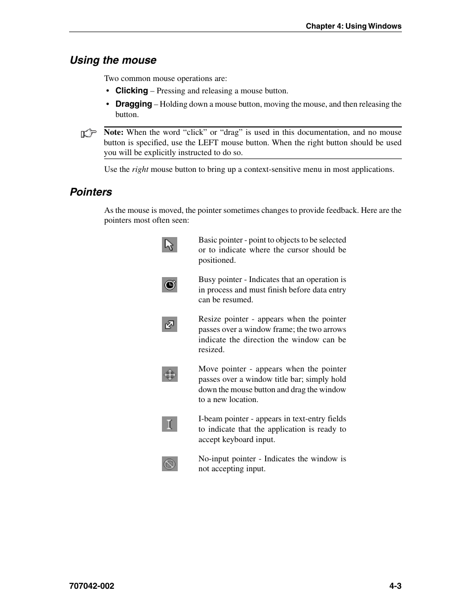 Using the mouse, Pointers, Right button | Using, Basic, Busy, I-beam, Move, No input, Resize | Visara 1783 User Manual | Page 27 / 172