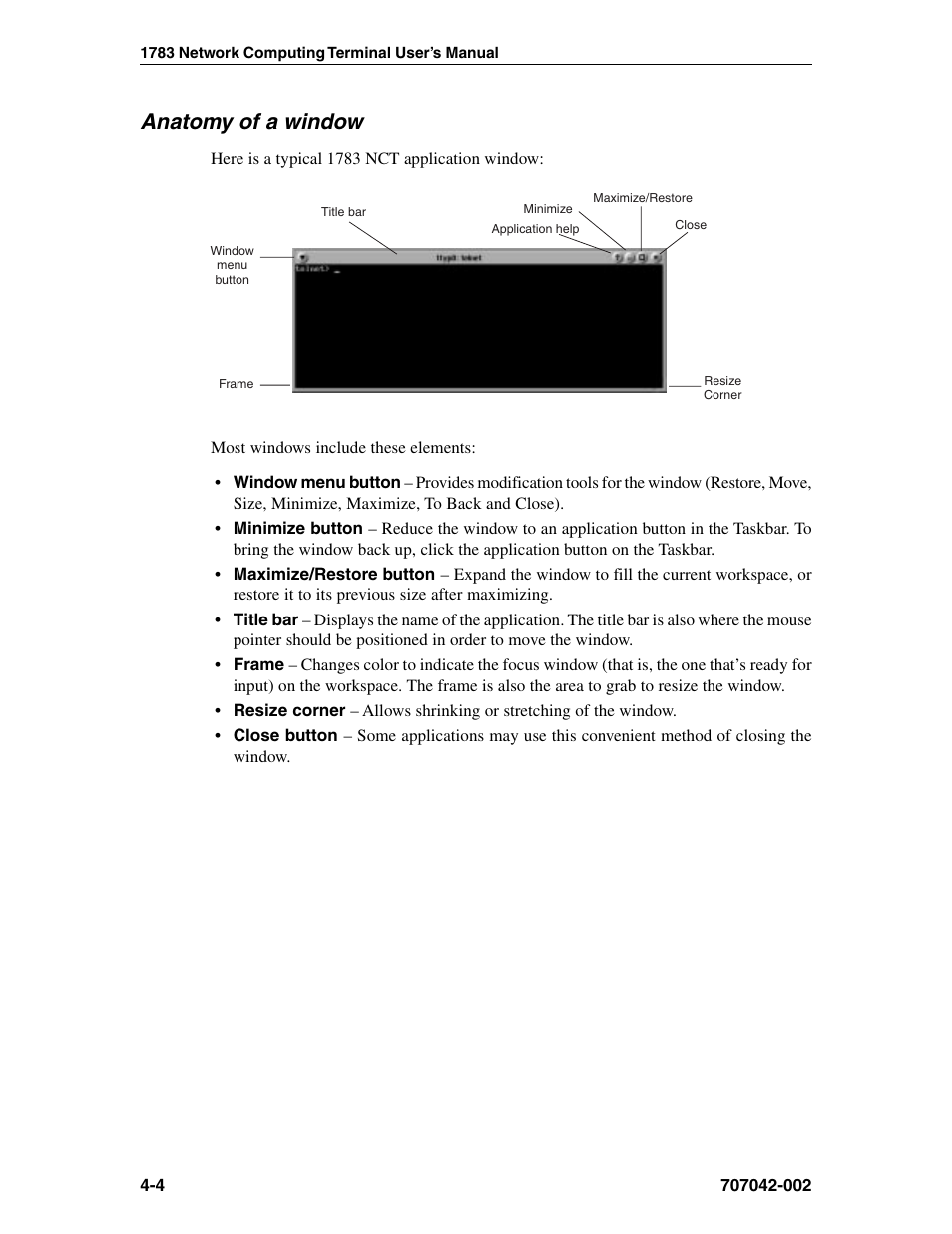 Anatomy of a window, Application window, Close button | Frame, Maximize/restore button, Minimize button, Resize corner, Title bar, Window menu button, Anatomy of a window -4 | Visara 1783 User Manual | Page 28 / 172