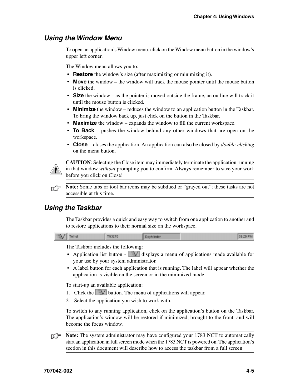 Using the window menu, Using the taskbar, Full screen mode | Using, Close, Maximize, Minimize, Move, Restore, Size | Visara 1783 User Manual | Page 29 / 172