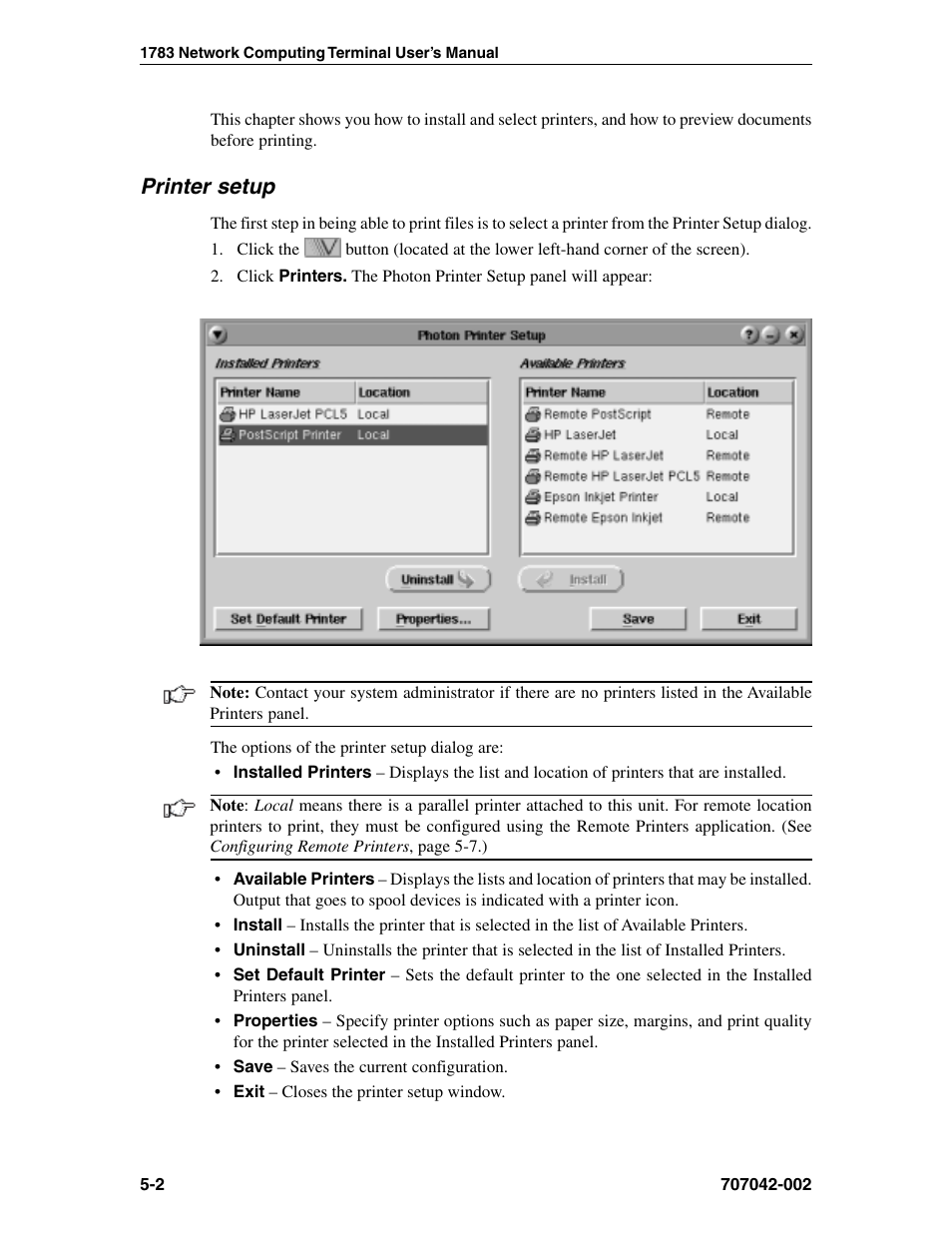 Printer setup, Available printers, Installed printers | Local printer, Available, Install, Installed, Local, Properties, Remote | Visara 1783 User Manual | Page 32 / 172