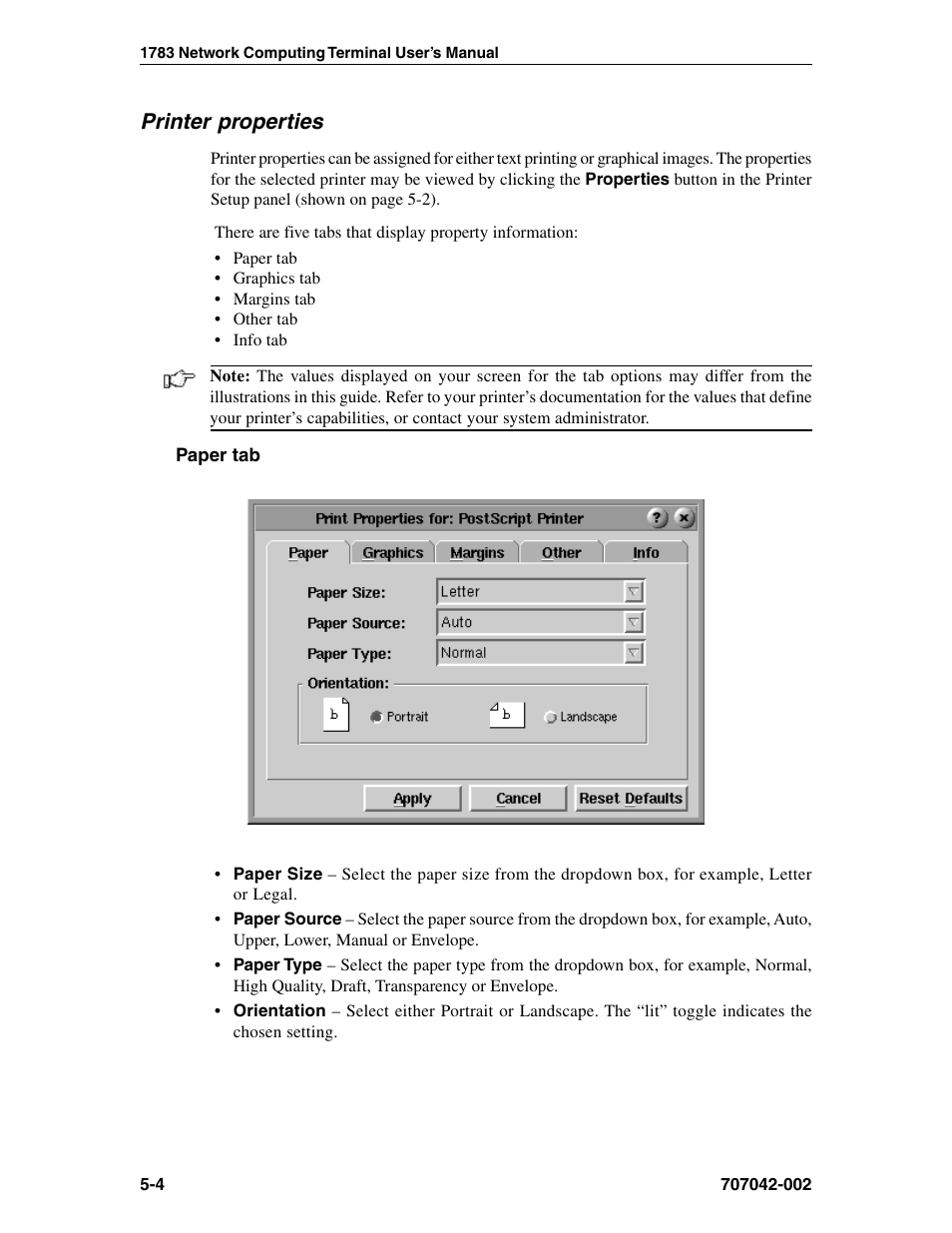 Printer properties, Paper tab, Paper selection, printer | Paper selection, Printer properties -4, Paper tab -4 | Visara 1783 User Manual | Page 34 / 172