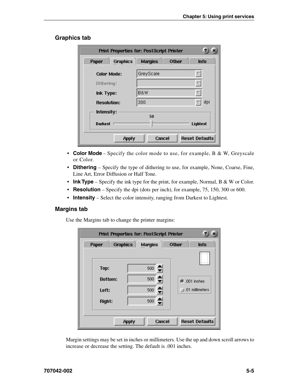 Graphics tab, Margins tab, Graphics, printer | Margins, printer, Color mode, Graphics, Margins, Graphics tab -5 margins tab -5 | Visara 1783 User Manual | Page 35 / 172