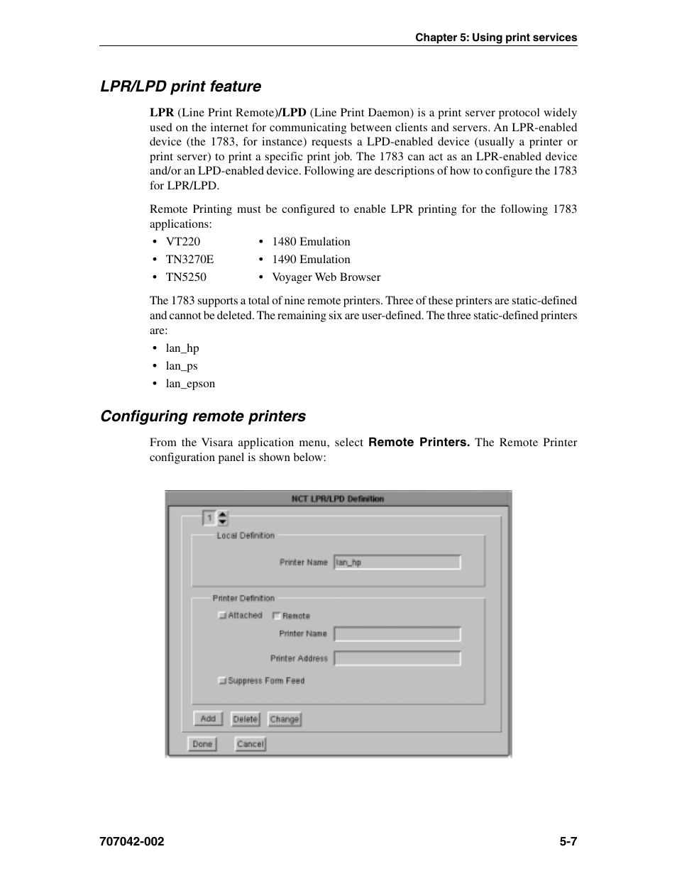 Lpr/lpd print feature, Configuring remote printers, Configuring | Support | Visara 1783 User Manual | Page 37 / 172