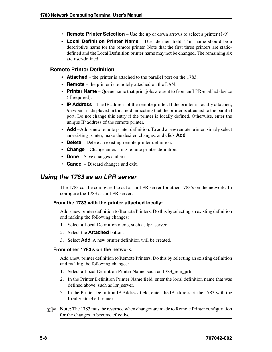 Remote printer definition, Using the 1783 as an lpr server, As an lpr server | Lpr server, using the 1783 as, Attached, Name, Adding, Remote printer definition -8, Using the 1783 as an lpr server -8 | Visara 1783 User Manual | Page 38 / 172