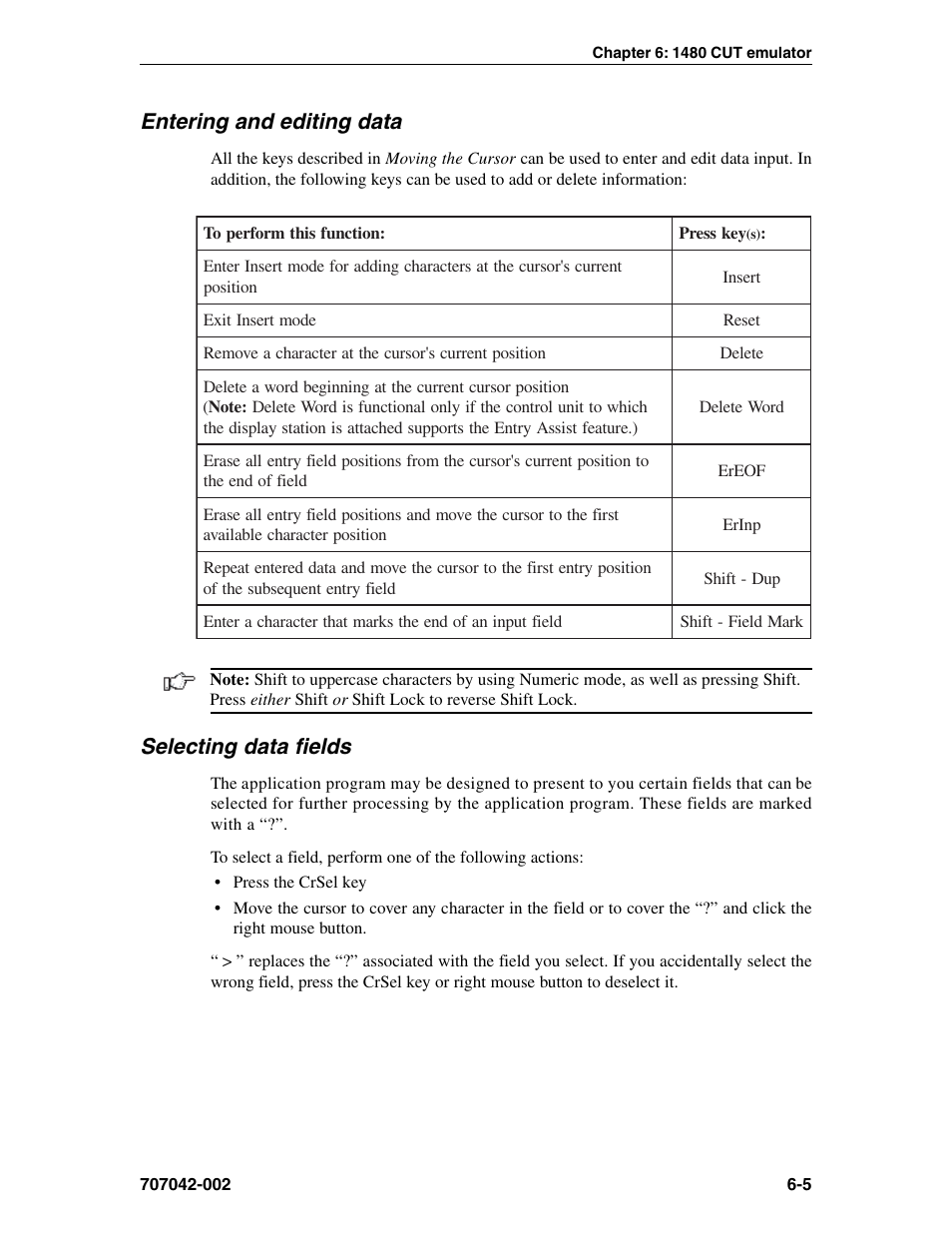 Entering and editing data, Selecting data fields, Crsel key | Entering and editing data, 1480 cut emulator, Selecting data fields, 1480 cut emulator | Visara 1783 User Manual | Page 43 / 172