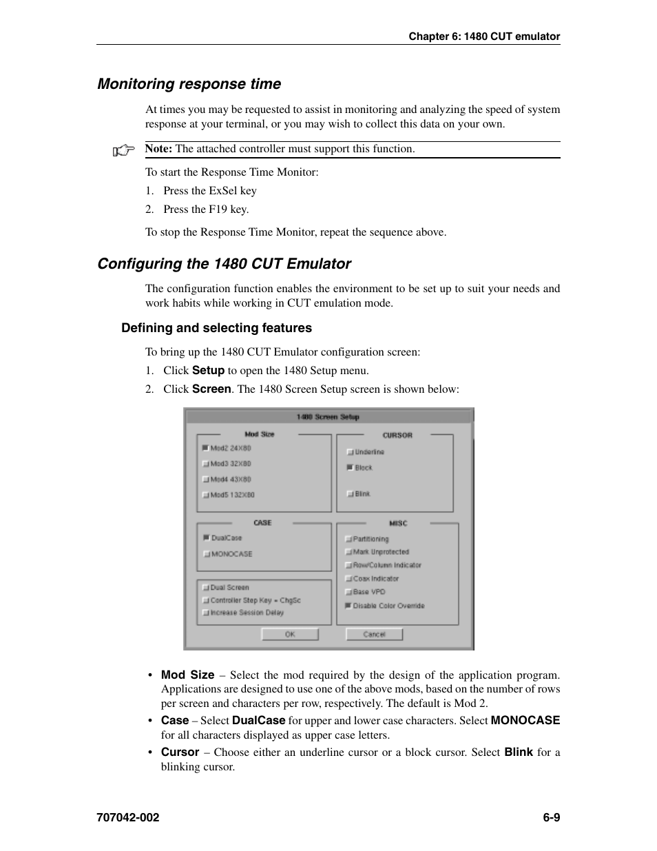 Monitoring response time, Configuring the 1480 cut emulator, Defining and selecting features | Configuring, Screen setup, Monitoring response time, 1480 cut emulator, 1480 cut emulator, Defining and selecting features -9 | Visara 1783 User Manual | Page 47 / 172