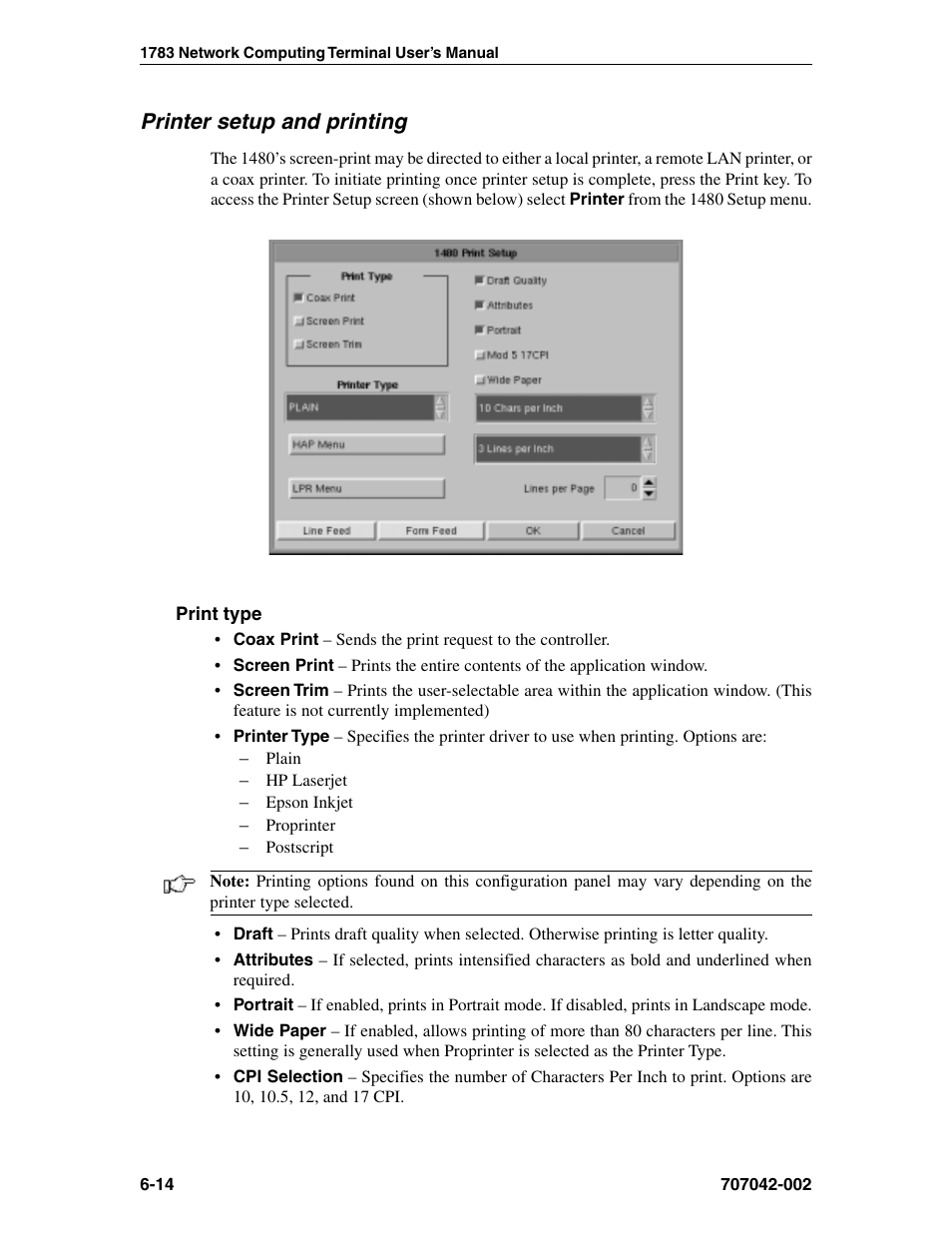 Printer setup and printing, Print type, Printer setup | Printing, 1480 cut emulator, Printer setup and printing -14, Print type -14 | Visara 1783 User Manual | Page 52 / 172