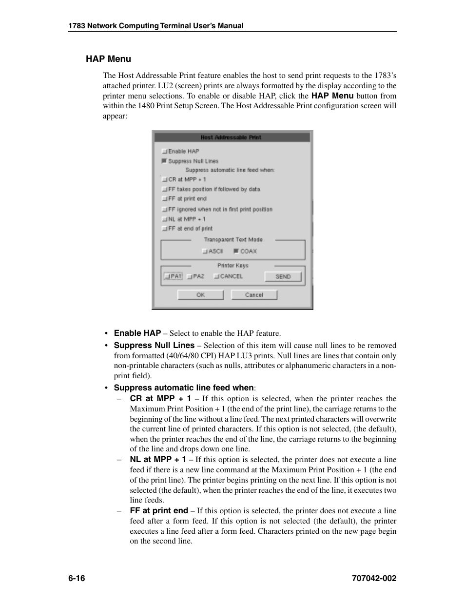 Hap menu, Hap menu, 1480 cut emulator, Hap menu -16 | Visara 1783 User Manual | Page 54 / 172