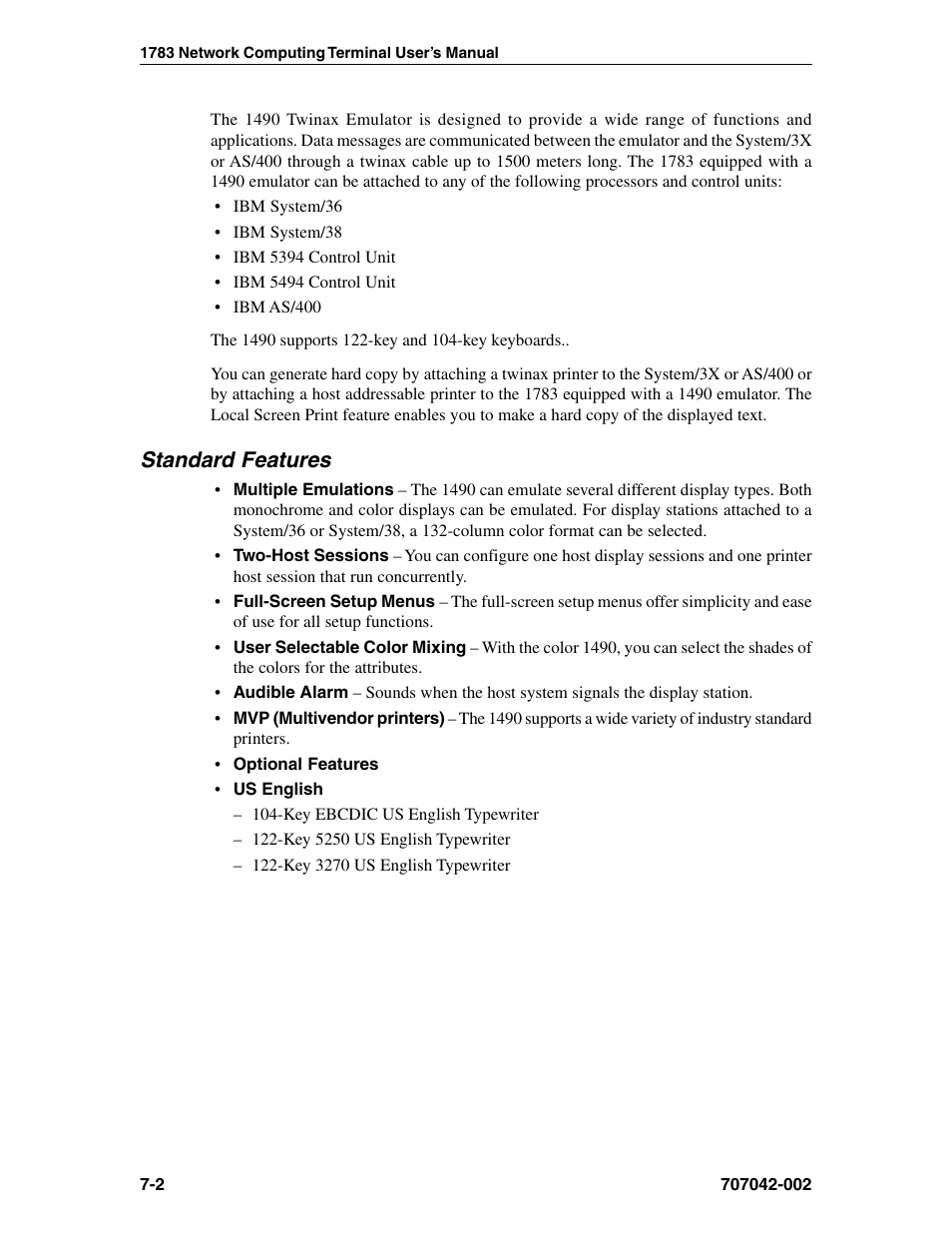 Standard features, Standard features -2 | Visara 1783 User Manual | Page 64 / 172