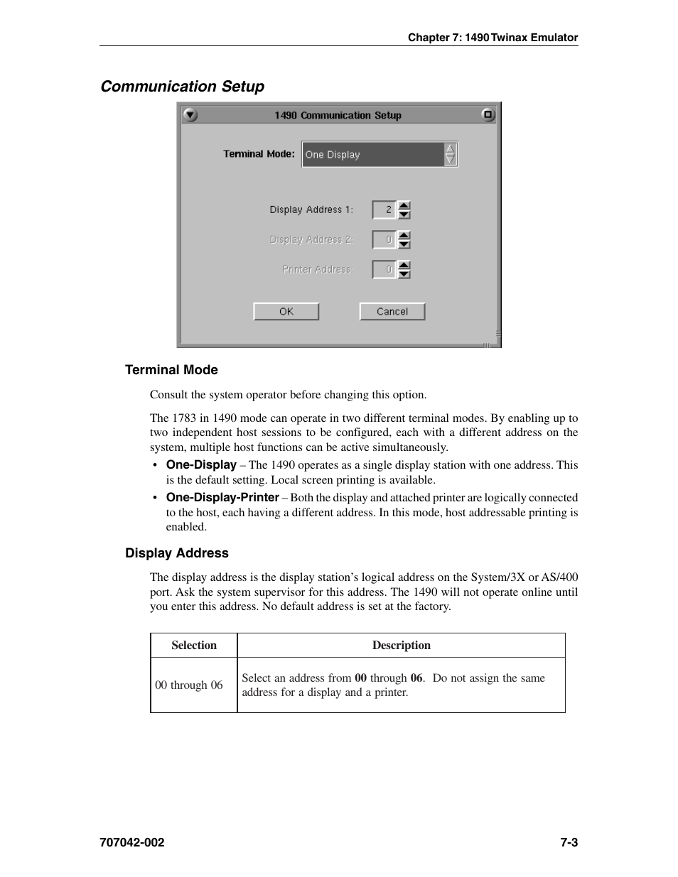 Communication setup, Terminal mode, Display address | Communication setup -3, Terminal mode -3 display address -3 | Visara 1783 User Manual | Page 65 / 172