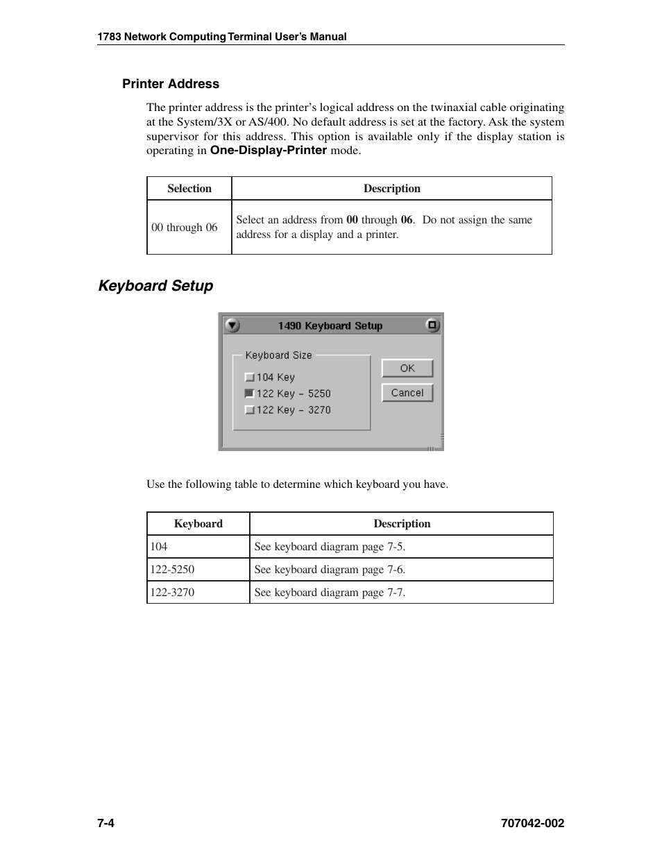 Printer address, Keyboard setup, 1490 twinax emulator | Printer address -4, Keyboard setup -4 | Visara 1783 User Manual | Page 66 / 172