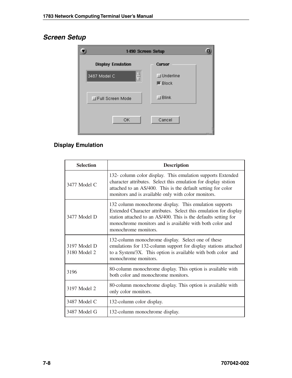 Screen setup, Display emulation, Screen setup -8 | Display emulation -8 | Visara 1783 User Manual | Page 70 / 172