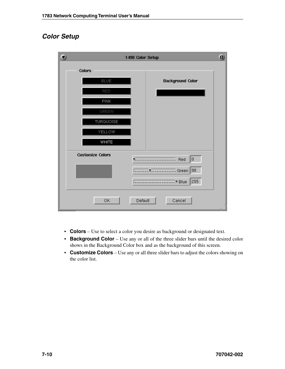 Color setup, Color setup -10 | Visara 1783 User Manual | Page 72 / 172