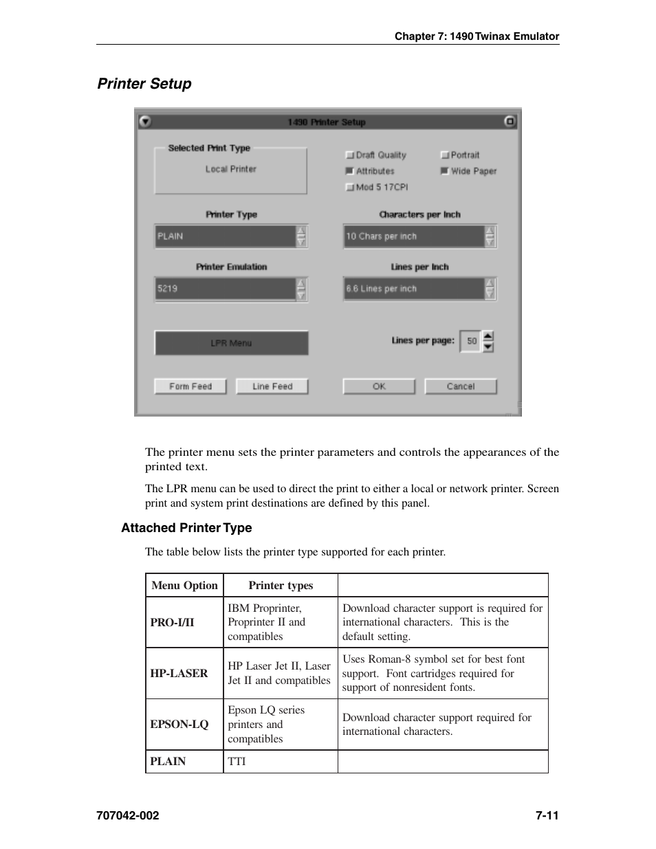 Printer setup, Attached printer type, Printer setup -11 | Attached printer type -11 | Visara 1783 User Manual | Page 73 / 172