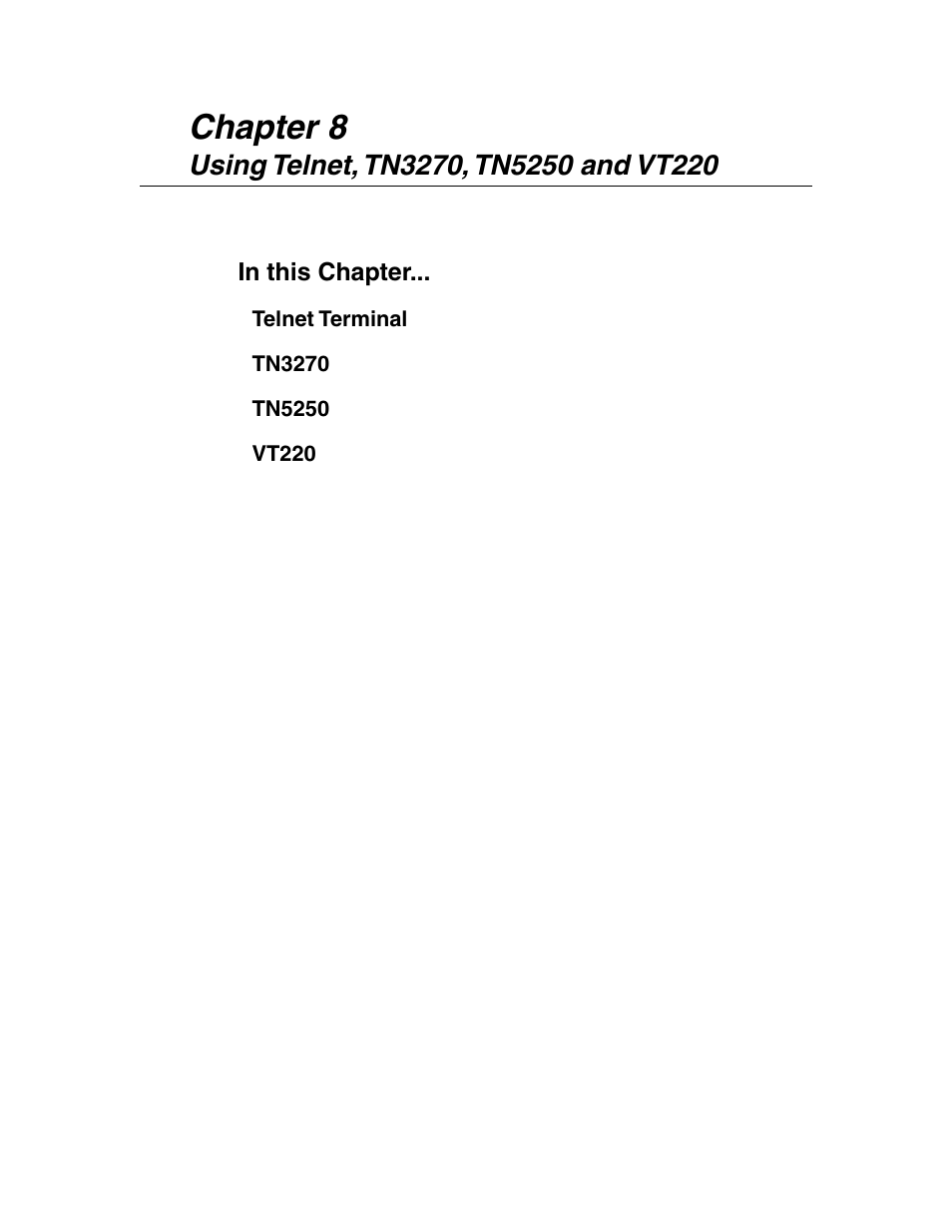 Using telnet, tn3270, tn5250 and vt220, Using telnet, tn3270, tn5250 and vt220 -1, Chapter 8 | Visara 1783 User Manual | Page 77 / 172