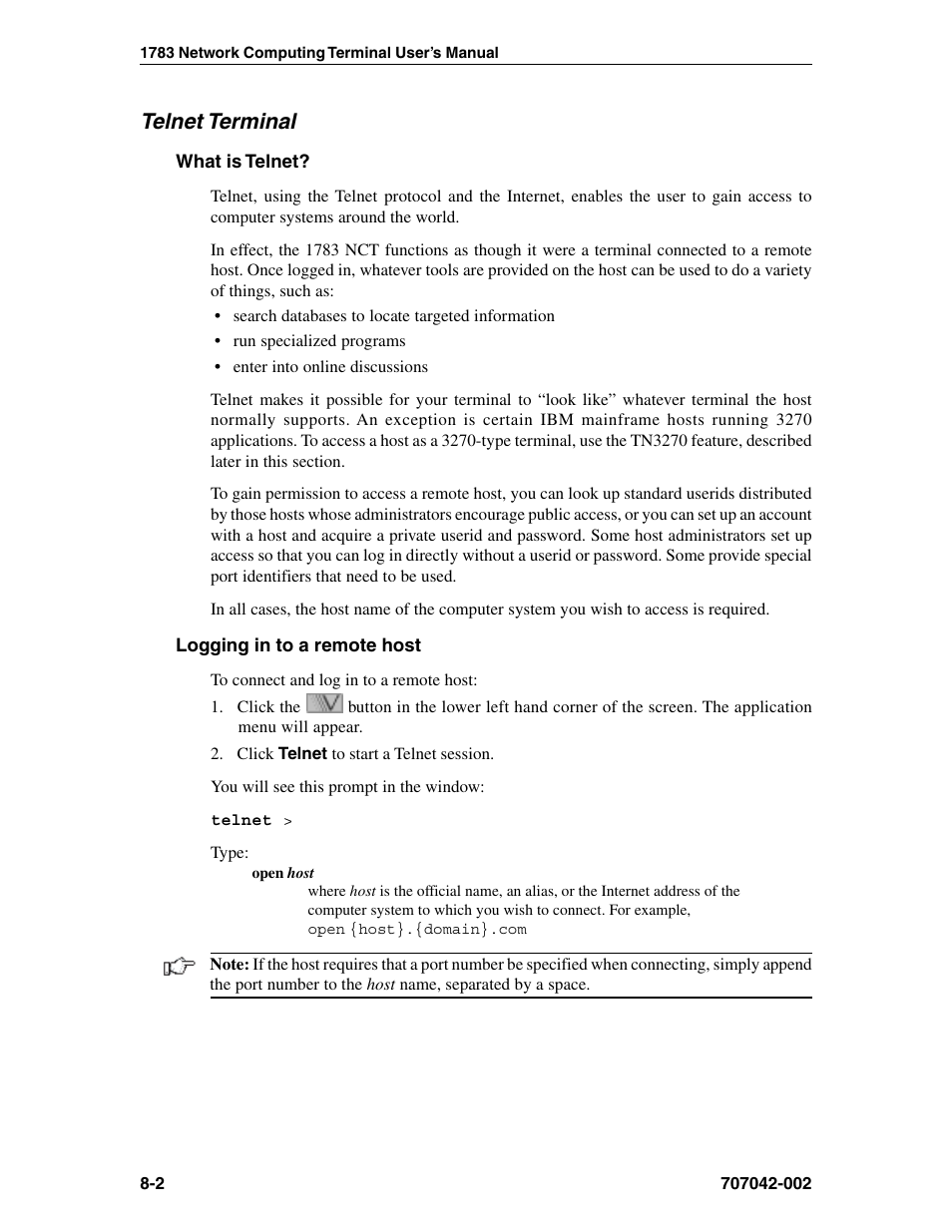 Telnet terminal, What is telnet, Logging in to a remote host | Logging in to, telnet, Starting, Telnet terminal -2, What is telnet? -2 logging in to a remote host -2 | Visara 1783 User Manual | Page 78 / 172