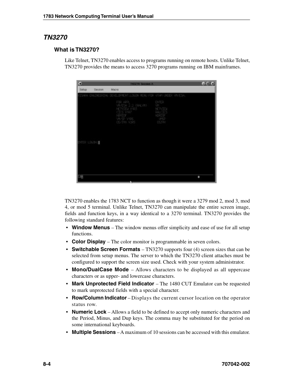 Tn3270, What is tn3270, 3279 terminal, functioning as | About, Features, Tn3270 -4, What is tn3270? -4 | Visara 1783 User Manual | Page 80 / 172