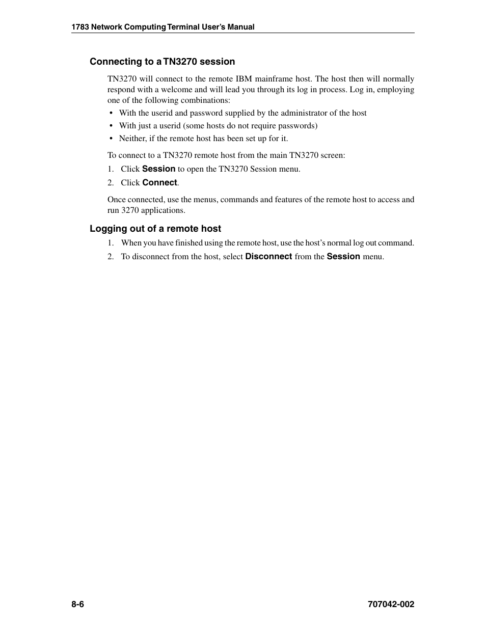 Connecting to a tn3270 session, Logging out of a remote host, Connecting to, tn3270 | Logging out of, tn3270, Session, connecting to, Session, ending | Visara 1783 User Manual | Page 82 / 172