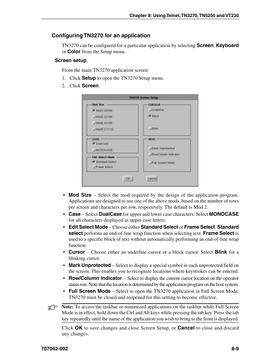 Configuring tn3270 for an application, Screen setup, tn3270, Tn3270, applications for | Tn3270, Taskbar, accessing from full screen mode, Configuring for an application, Screen setup | Visara 1783 User Manual | Page 85 / 172