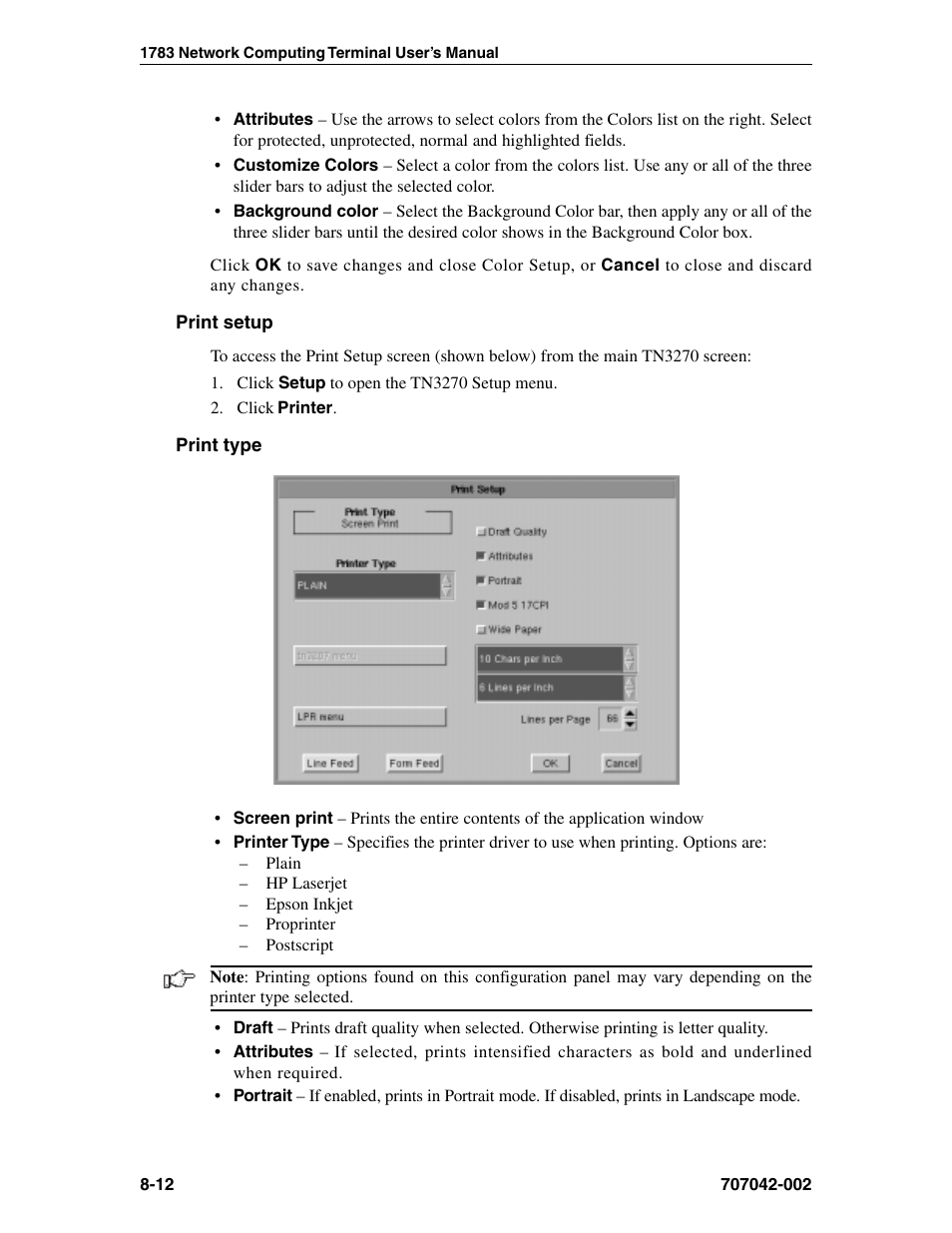 Print setup, Print type, Print setup, tn3270 | Tn3270, Print type, tn3270, Print setup -12 print type -12 | Visara 1783 User Manual | Page 88 / 172