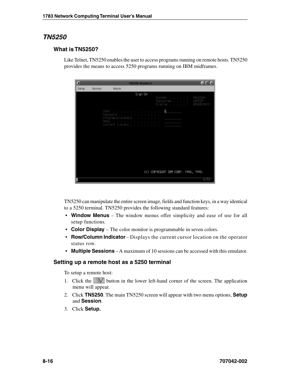 Tn5250, What is tn5250, Setting up a remote host as a 5250 terminal | 5250 terminal, functioning as, Setting up, tn5250, About, Setting up a remote host, Setting up a remote host as a 5250 terminal -16 | Visara 1783 User Manual | Page 92 / 172