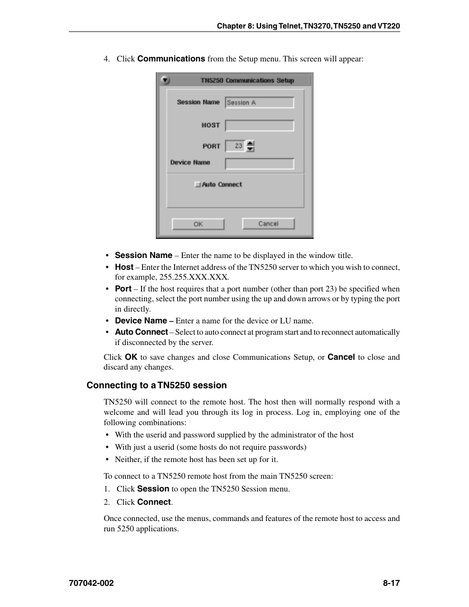 Connecting to a tn5250 session, Tn5250, Communications setup, tn5250 | Connecting to, tn5250, Communications setup | Visara 1783 User Manual | Page 93 / 172