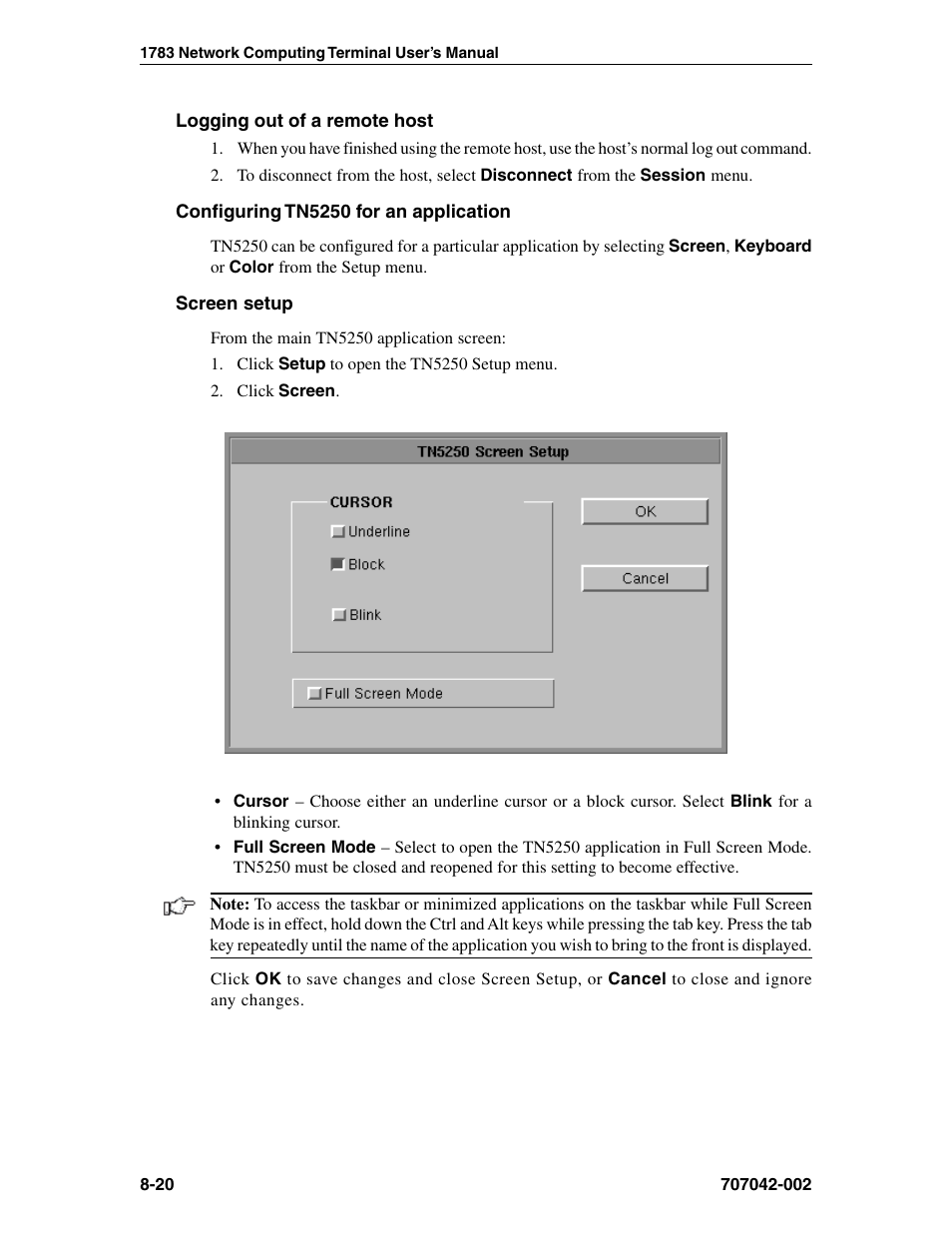 Logging out of a remote host, Configuring tn5250 for an application, Screen setup | Screen setup, tn5250, Tn5250, applications for, Logging out of, tn5250, Tn5250, Configuring for an application, Session, connecting to, Session, ending | Visara 1783 User Manual | Page 96 / 172