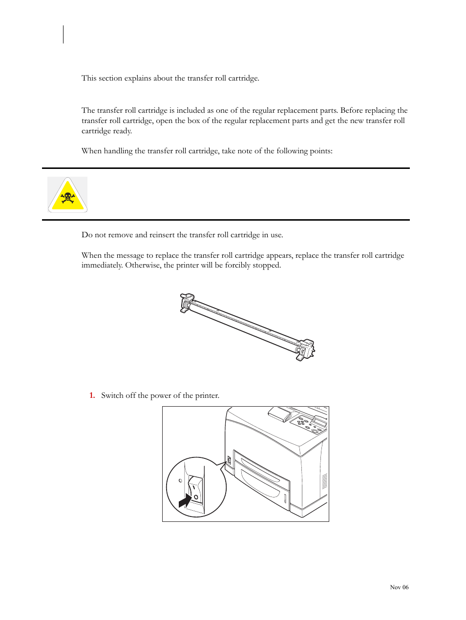 Transfer roll cartridge, Caution on handling the transfer roll cartridge, Replacing the transfer roll cartridge | Transfer roll cartridge 5-12 | Visara 5350 User Manual | Page 106 / 220