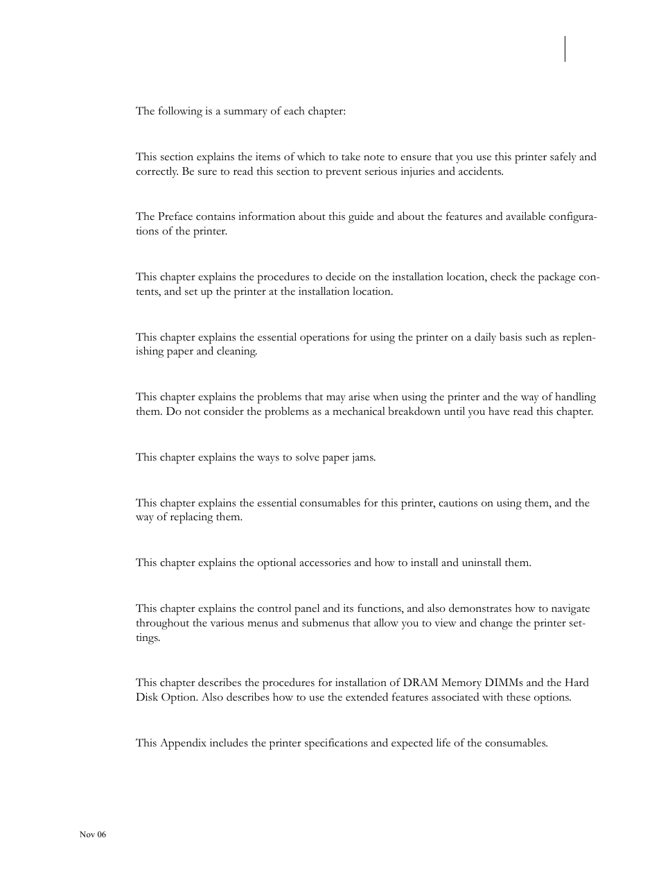Organization, Safety notes, Preface | Chapter 1installing the printer, Chapter 2daily care, Chapter 3troubleshooting, Chapter 4paper jams, Chapter 5consumables, Chapter 6optional accessories, Chapter 7navigating the control panel menus | Visara 5350 User Manual | Page 11 / 220