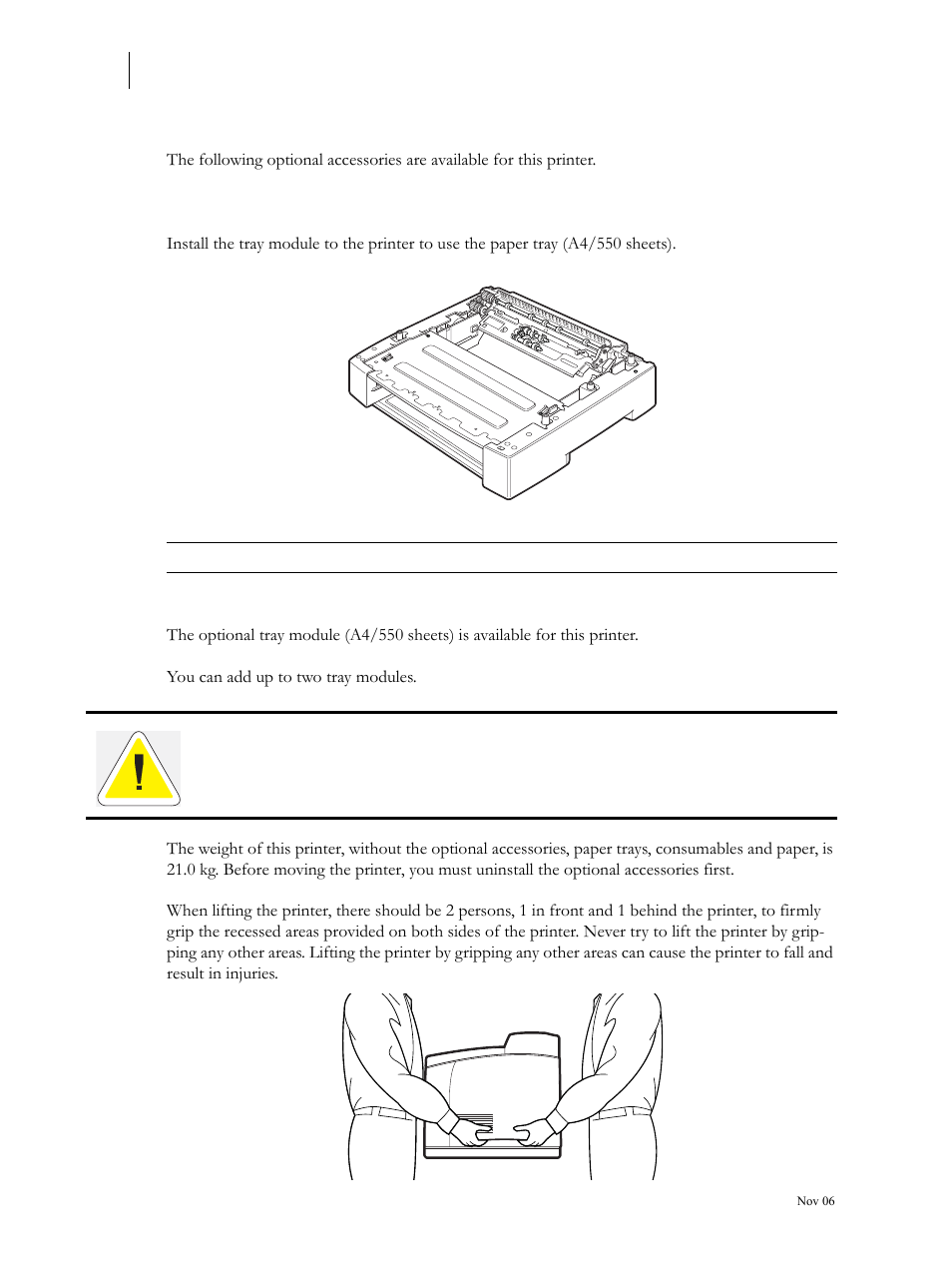 Available optional accessories, Tray module (a4/550 sheets), Installing/uninstalling the tray module | Available optional accessories 6-2, Tray module (a4/550 sheets) 6-2, Installing/uninstalling the tray module 6-2 | Visara 5350 User Manual | Page 118 / 220