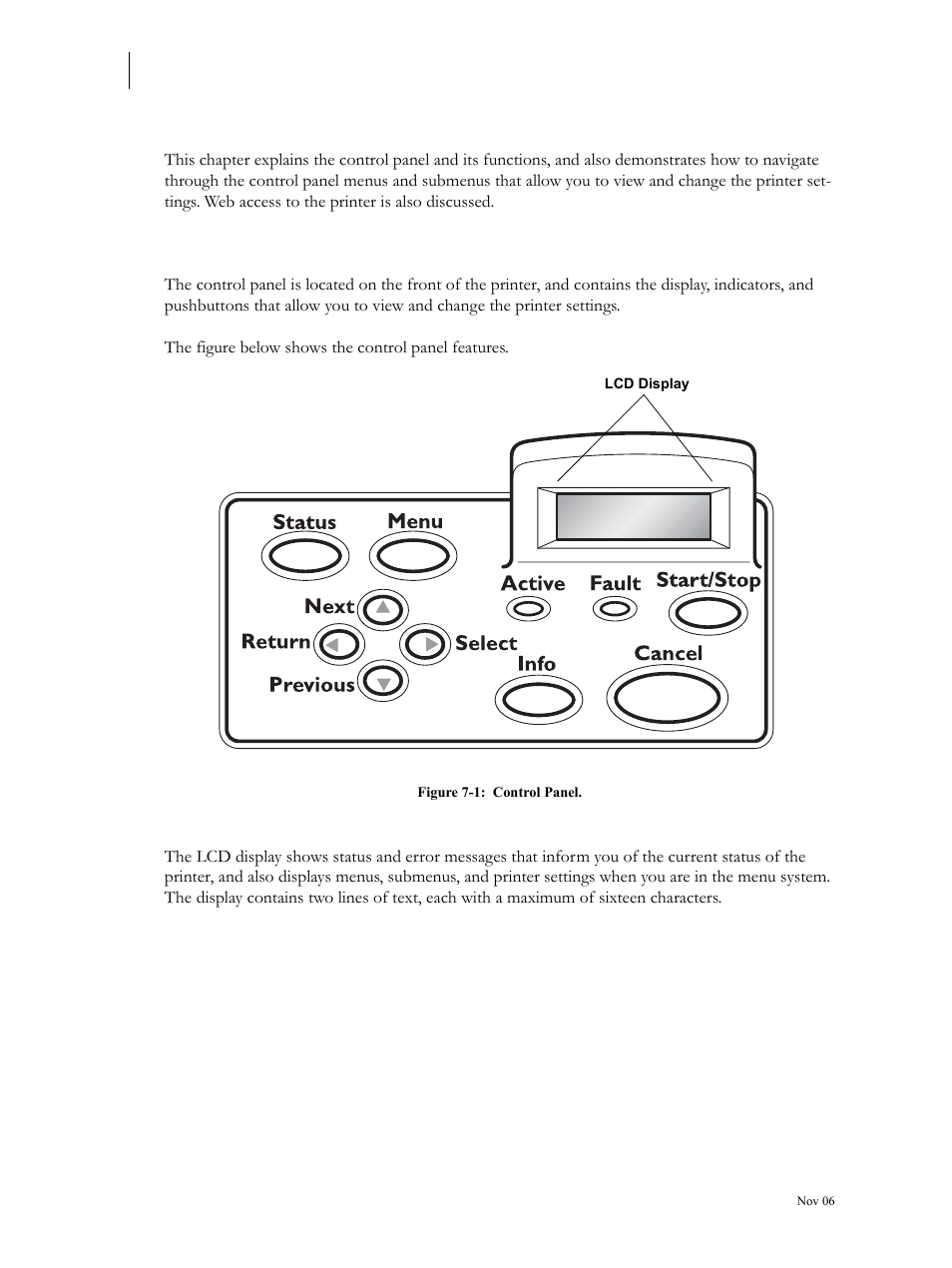 About this chapter, Control panel features, Lcd display | About this chapter 7-2, Control panel features 7-2, Lcd display 7-2 | Visara 5350 User Manual | Page 144 / 220