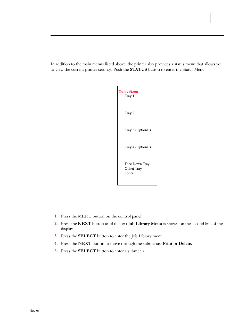 Status menu, Job library, Status menu 7-7 | Job library 7-7 | Visara 5350 User Manual | Page 149 / 220