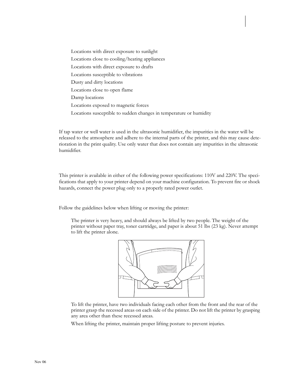 Unsuitable locations, When using an ultrasonic humidifier, Safety precautions | Handling the printer, Safety precautions 1-3, Handling the printer 1-3 | Visara 5350 User Manual | Page 17 / 220