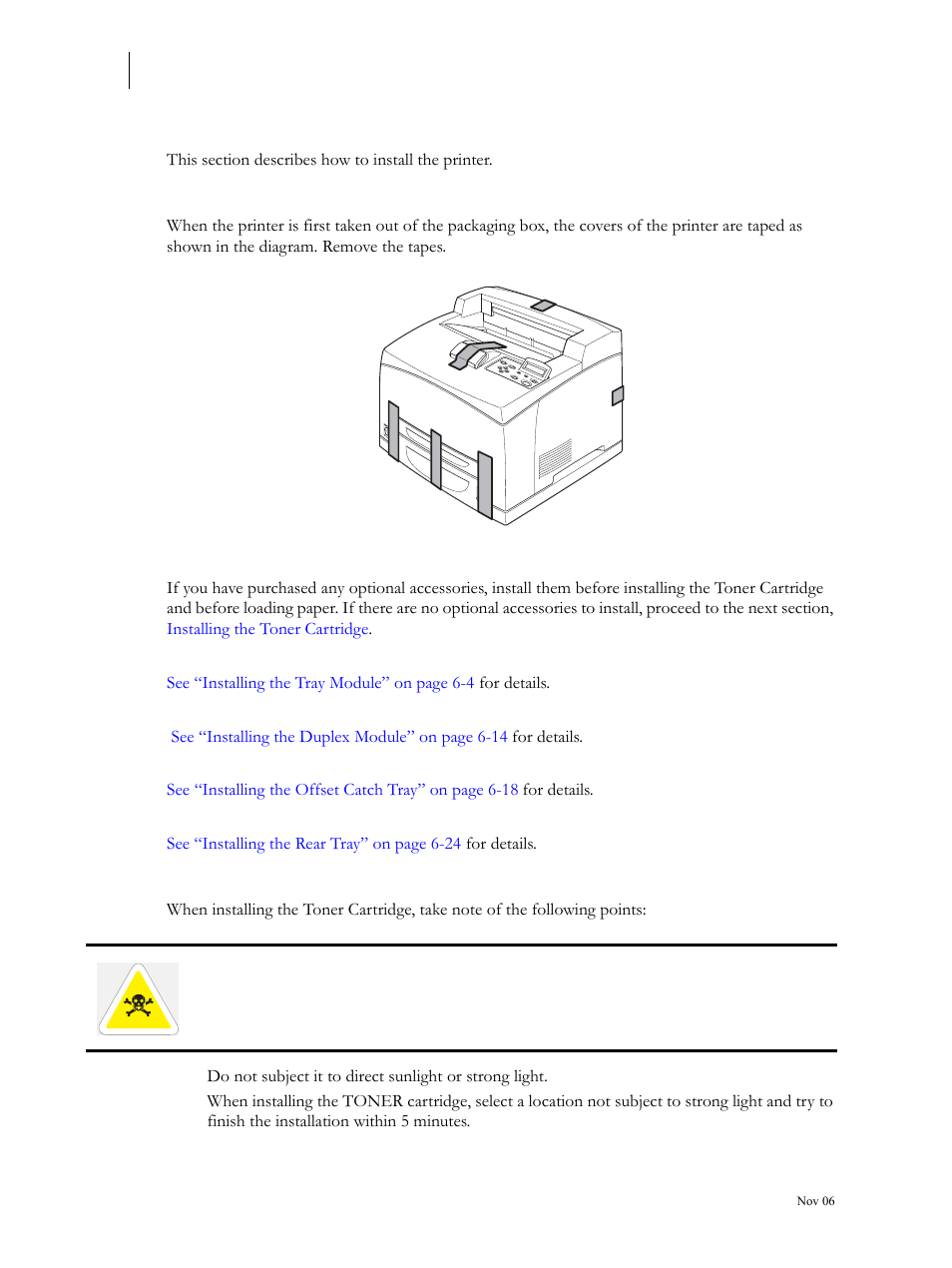 Installation procedure, Removing the tape, Installing the optional accessories | Installing the toner cartridge, Installation procedure 1-8 | Visara 5350 User Manual | Page 22 / 220