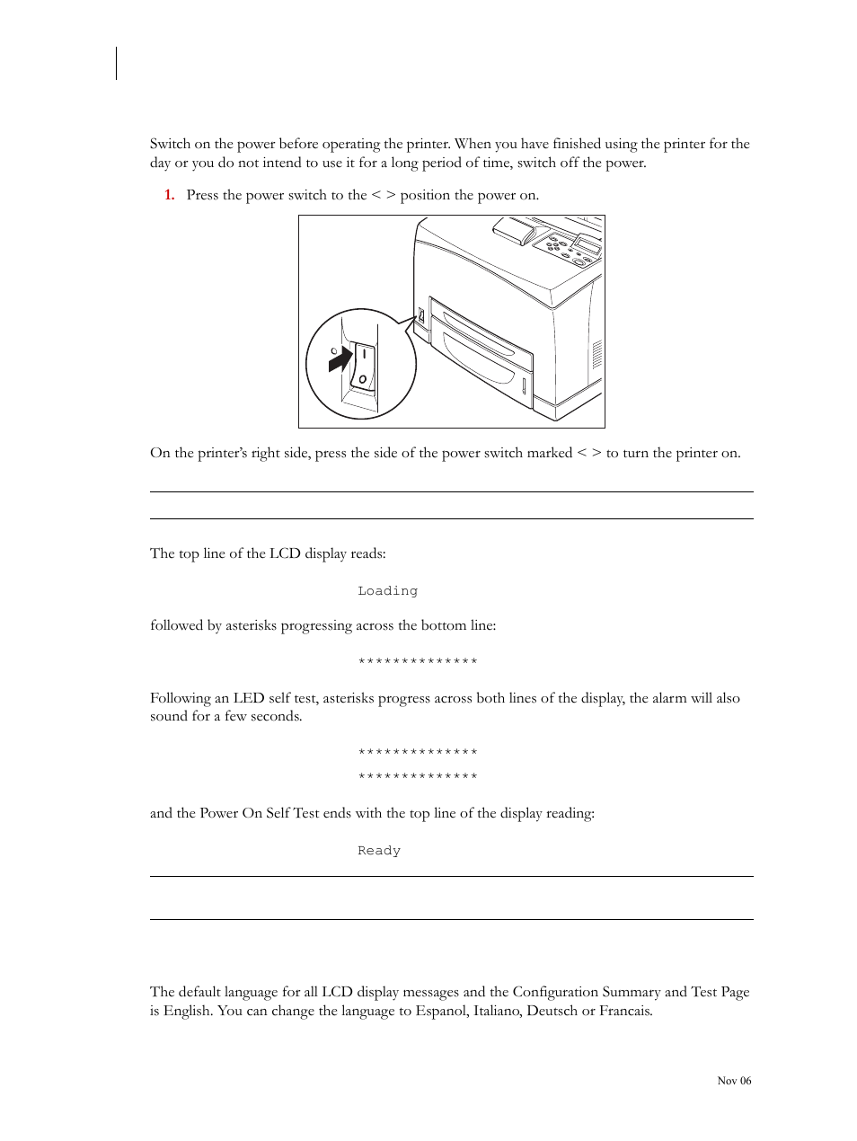 Turning the printer on, Selecting a display language, Turning the printer on 1-18 | Selecting a display language 1-18 | Visara 5350 User Manual | Page 32 / 220