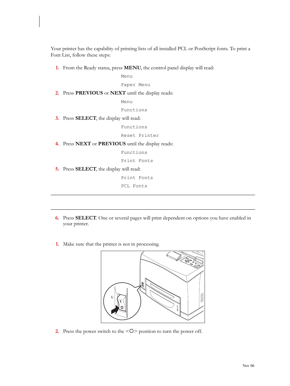 Printing pcl and postscript font lists, Turning the printer off, Printing pcl and postscript font lists 1-24 | Turning the printer off 1-24 | Visara 5350 User Manual | Page 38 / 220