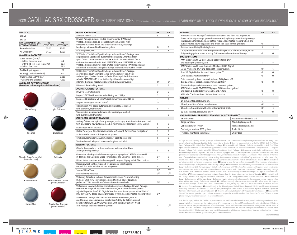 Cadillac srx crossover, Select specifications | Cadillac 2008 SRX User Manual | Page 2 / 2