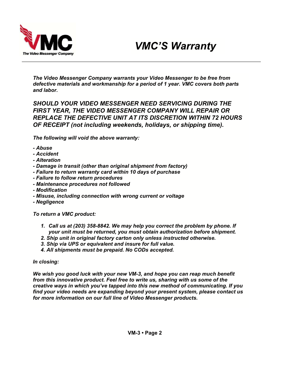 Vmc’s warranty | VMC VM-3 User Manual | Page 23 / 33