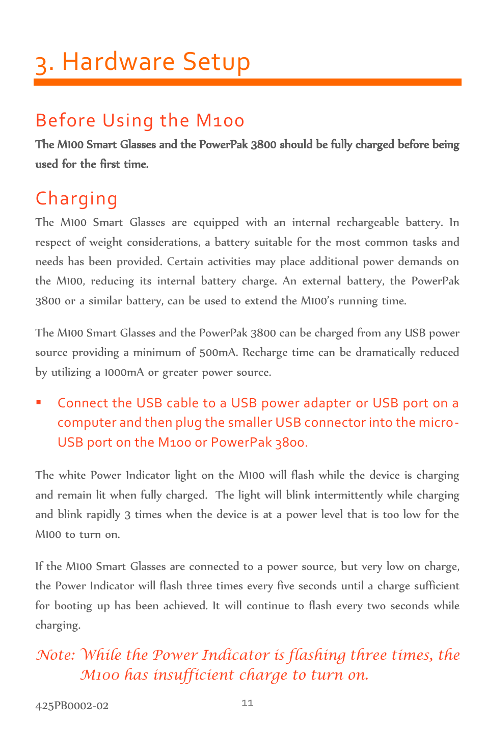 Hardware setup, Before using the m100, Charging | Vuzix M100 Product Guide User Manual | Page 11 / 56