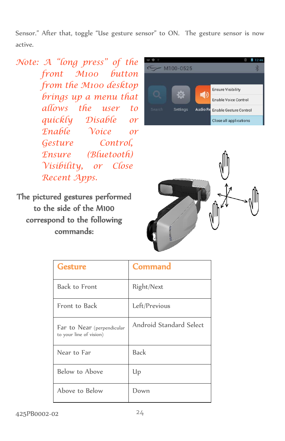 Gesture command | Vuzix M100 Product Guide User Manual | Page 24 / 56