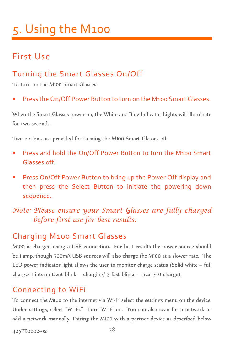 Using the m100, First use, Turning the smart glasses on/off | Charging m100 smart glasses, Connecting to wifi | Vuzix M100 Product Guide User Manual | Page 28 / 56