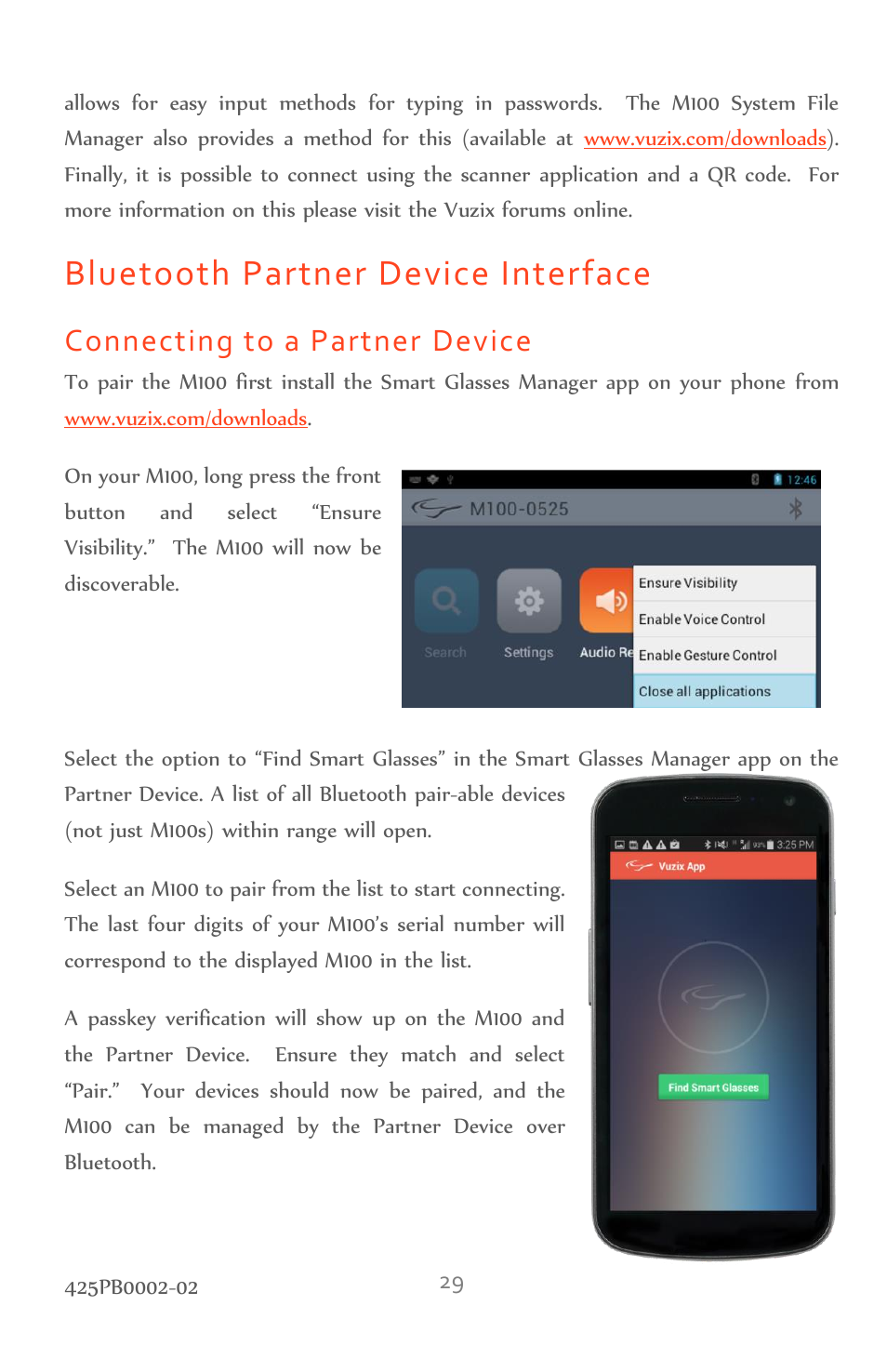 Bluetooth partner device interface, Connecting to a partner device | Vuzix M100 Product Guide User Manual | Page 29 / 56