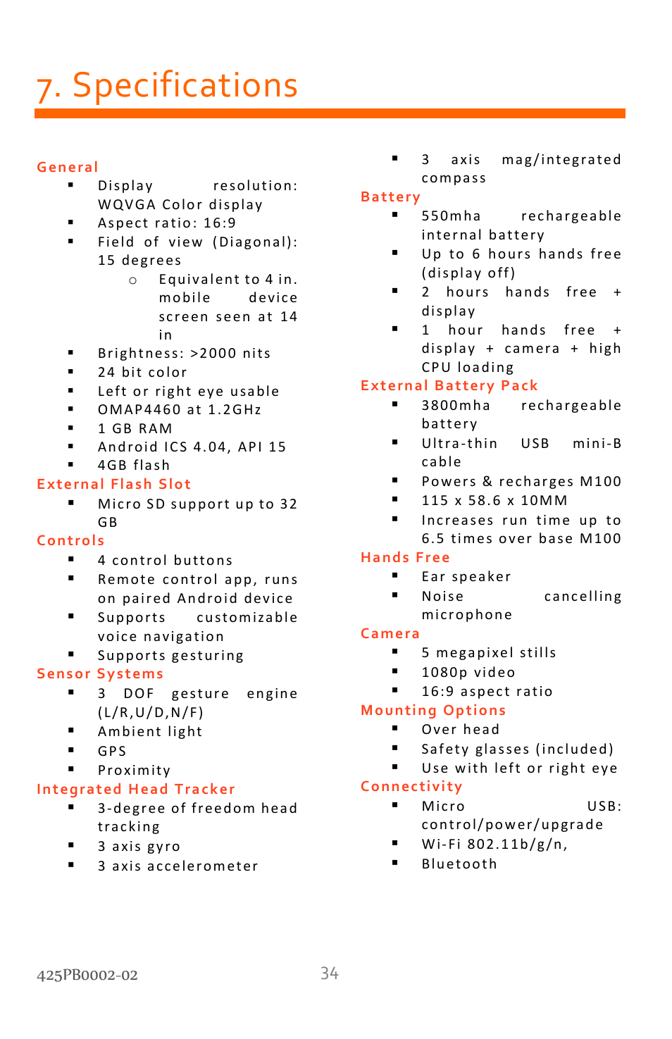 Specifications | Vuzix M100 Product Guide User Manual | Page 34 / 56