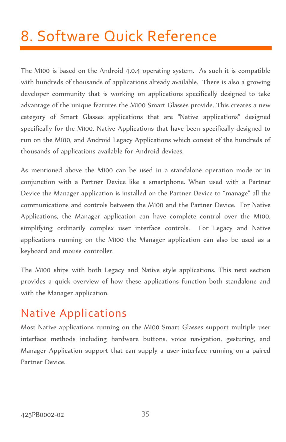 Software quick reference, Native applications | Vuzix M100 Product Guide User Manual | Page 35 / 56